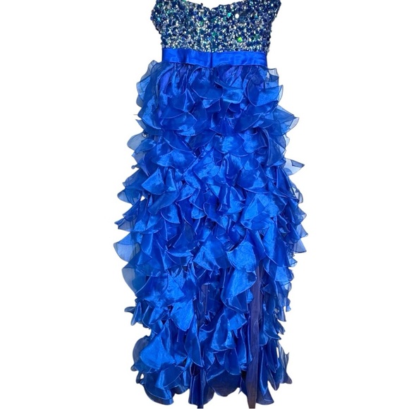 Sherri Hill Royal Blue Strapless Beaded Ruffle Hi-Low Gown Dress Size 6 - Picture 2 of 7